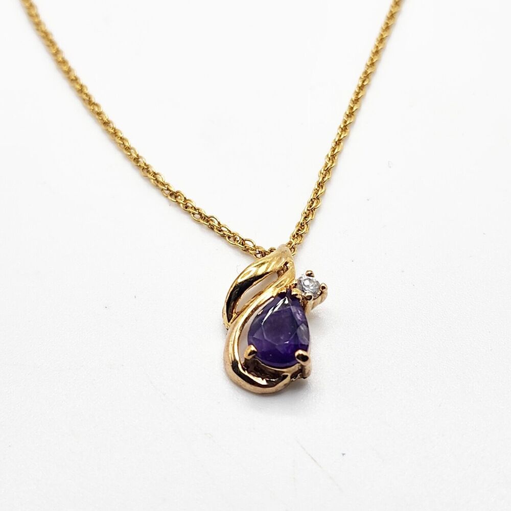 Lovely Amethyst Cubic Zirconia Teardrop Pendant 18" Necklace Gold Tone February